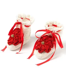 Funkrafts Crochet Designed & Flower Applique Booties - Red & White