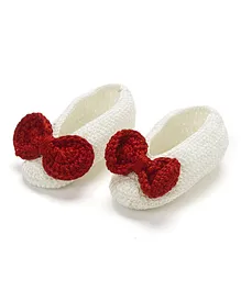Funkrafts Crochet Designed Bow Embellished  Booties - Red & White