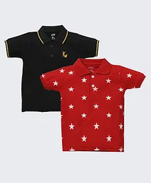 Kiwi 100% Cotton Pack Of 2 Half Sleeves Solid & Stars Printed Polo Tee - Black