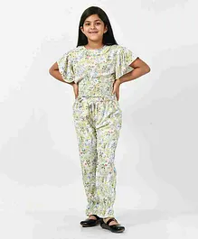 Bella Moda Half Sleeves Botanical Printed & Smocked Detail Top And Pant   Set - White