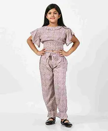 Bella Moda Half Sleeves Abstract Motif Printed & Smocked Detail Top And Pant Set - Brown