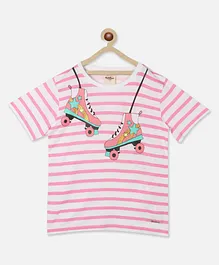 Natilene  Pure Cotton Half Sleeves Striped & Roller Skates  Printed Top - Pink