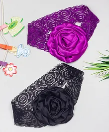 Bellazaara Set Of 2  Flower Embellished Headbands - Purple & Black