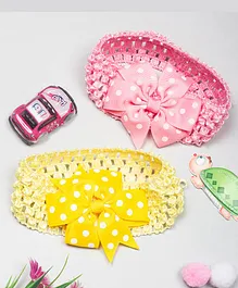 Bellazaara Set Of 2 Polka Dot Bowknot On Wide Crochet Headband - Yellow & Pink