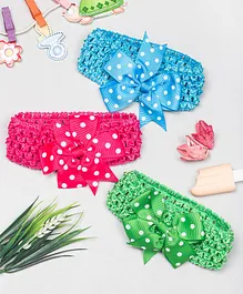 Bellazaara Set Of 3 Polka Dots Bow Embellished Headbands - Fuchsia Pink, Green & Blue