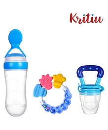 Kritiu Combo of Fruit And Food Nibbler Spoon Feeder and Rattle Teether- Blue