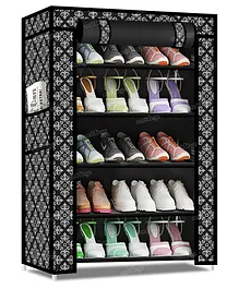 Fiddlerz Multipurpose 5 Shelves Shoe Rack Cabinet with Zip Door Cover Side Pockets Collapsible Shoes Shelf  - Black