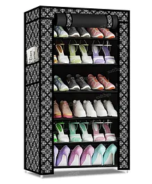 Fiddlerz Multipurpose 6 Shelves Shoe Rack Cabinet with Zip Door Cover Side Pockets Collapsible Shoes Shelf  - Black