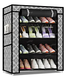 Fiddlerz Multipurpose 4 Shelves Shoe Rack Cabinet with Zip Door Cover Side Pockets Collapsible Shoes Shelf - Black