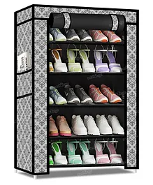 Fiddlerz Multipurpose 5 Shelves Shoe Rack Cabinet with Zip Door Cover Side Pockets Collapsible Shoes Shelf - Black