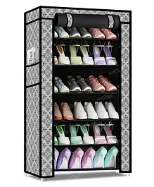 Fiddlerz Multipurpose 6 Shelves Shoe Rack Cabinet with Zip Door Cover Side Pockets Collapsible Shoes Shelf   - Black
