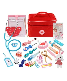 HAPPY HUES Doctor Kit for Kids Wooden Dentist Set of 23 Pieces with Working Stethoscope Doctor Playset Pretend Play Doctors Set for Children- Multicolor