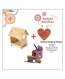 Kidoz Rakhi Special Bird House Craft Kit & Wooden Unicorn Perpetual Calender with Pencil Stand & Heart Sibling Hanging with Rakhi - Multicolor
