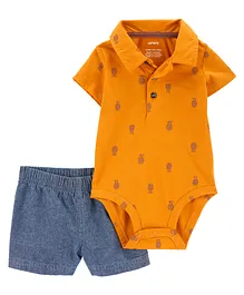 Carter's Cotton Blend Half Sleeves Onesie with Shorts Pineapple Print - Multicolour