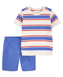 Carter's Cotton Blend Half Sleeves Striped T-Shirt & Shorts Set - Blue