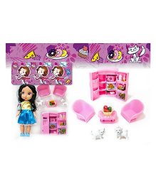PLUSPOINT Baby Doll with Tiny Size Furniture Set Toys for Girls with Openable Double Door Toy Fridge with Other Accessories Cute Toy Doll Set for Girls Birthday Gift Doll Set (Keiko's Kitchen)