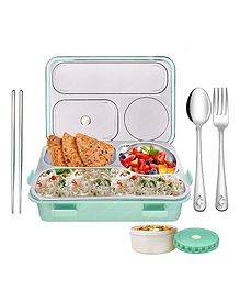 FunBlast 4 Compartment Lunch Box with Bowl Spoon Fork & Chopsticks -Green