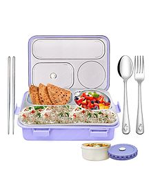 FunBlast 4 Compartment Lunch Box with Bowl Spoon Fork & Chopsticks -Purple