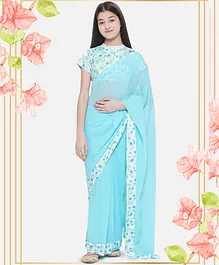 Little Bansi Half Sleeves  Floral Printed Blouse With Saree - Blue