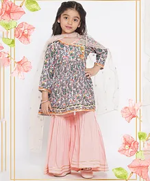 Little Bansi Full Sleeves Seamless Leaf & Bird Printed Angrakha Style Kurta With Lace Embellished Sharara & Dupatta - Peach