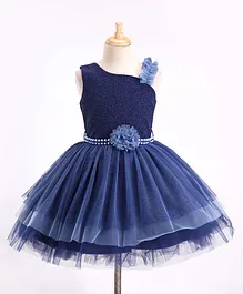 Bluebell Woven Sleeveless Party Dress with Floral Corsage & Mesh Detailing - Blue