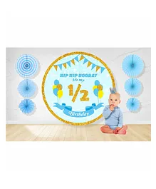 Untumble Blue Half Birthday Backdrop and Paper Fan Kit for Baby Boys & Girls - Pack of 8