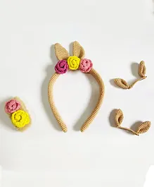 HAPPY THREADS Set Of  3 Crochet Flower & Bunny Ears Detailed Coordinating Hair Accessories - Brown