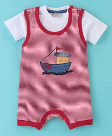 Wonderchild Half Sleeves Striped Designed Ship Embroidered  Romper With Tee  - Red