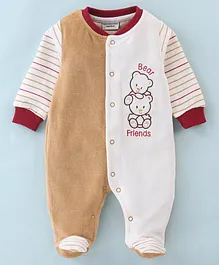 Wonderchild Full Sleeves Bear Embroidered Striped Detailed  Romper - Fawn