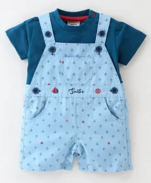 Wonderchild Half Sleeves Solid Tee With Seamless Sea Anchor Printed Dungaree - Blue