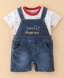 Wonderchild Half Sleeves Abstract Designed Tee With Little Adventure Embroidered Dungaree - Blue & White