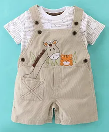 Wonderchild Half Sleeves Baby Animals Printed Tee With Giraffe & Tiger Embroidered Dungaree - Beige