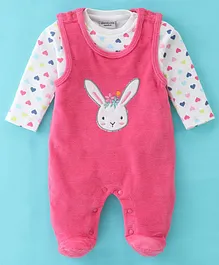 Wonderchild Full Sleeves Hearts Printed Tee  With Bunny Embroidered Velour Footed Romper - Pink