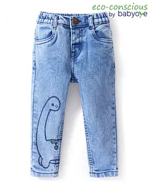 Babyoye Cotton Elastane Woven Full Length Denim Jeans Dino Embroidery - Blue