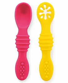BeeBaby Sumshy First Stage Silicone Spoon for Feeding Baby, Dip Spoon for Baby Led Weaning.  Pack of 2 - Pink & Yellow
