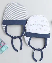 BUMZEE Pack Of 2 Striped & Animals Printed Ear Flap Cap - Navy Blue & White