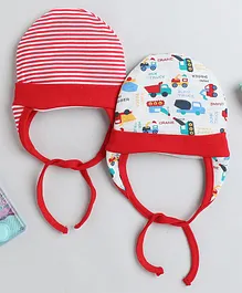 BUMZEE Pack Of 2 Striped & Vehicle Printed Ear Flap Cap - Red & White