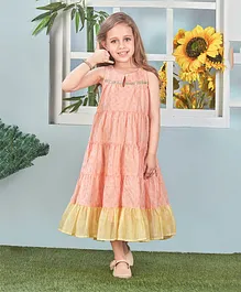 Lil Peacock Sleeveless Motif Printed & Sequin Lace Embellished Tiered Dress - Peach