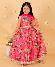 Lil Peacock Sleeveless Floral Motif Printed & Mirror Work Embroidered Coordinating Ghagra & Choli With Dupatta - Fuchsia Pink