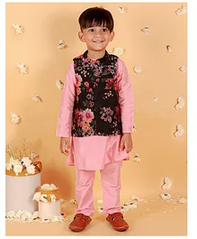 Lil Peacock Cotton Silk Full Sleeves Solid Kurta & Pyjama With Floral Printed Jacket - Peach