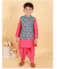Lil Peacock Cotton Silk Full Sleeves Solid Kurta & Dhoti With Floral Motif Printed Jacket - Pink & Blue