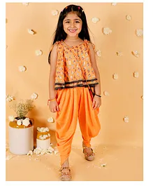 Lil Peacock Sleeveless Floral Foil Printed & Lace Embellished Top With Dhoti - Orange