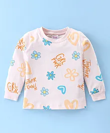 Tango Cotton Jersey Full Sleeves Top With Floral & Text Print - Peach