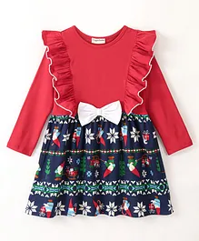 CrayonFlakes Christmas Theme  Full Sleeves Frilled Detailed Snowflakes & Gifts Printed  Dress - Red