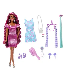 Barbie Doll 10 Hair and Fashion Play Accessories with Extra Long Colorful Brunette Hair and Shimmery Pink Dress - Height 35 cm