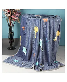 Kidlingss Little Dino Printed Single Bed Fleece Blanket - Dark Blue
