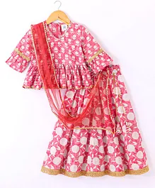 Teentaare Cotton Full Sleeves Choli with Lehenga Floral Printed with Dupatta - Pink
