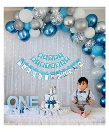 Bubble Trouble 1st Birthday Decoration With Monthly Photo Banner Net Fabric Backdrop Diy Combo Set With Balloon Garland Arch Tape Fairy Led Lights - 67 Pc Set