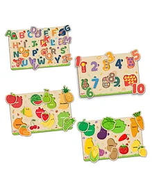 Little Berry My First Wooden Knob and Peg Puzzle Tray Set of 4 Multicolour - 56 Pegs