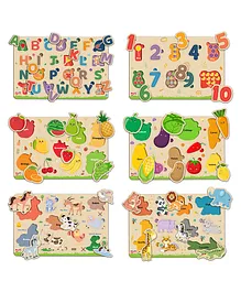 Little Berry My First Wooden Knob and Peg Puzzle Tray Set of 6 Multicolour - 76 Pegs